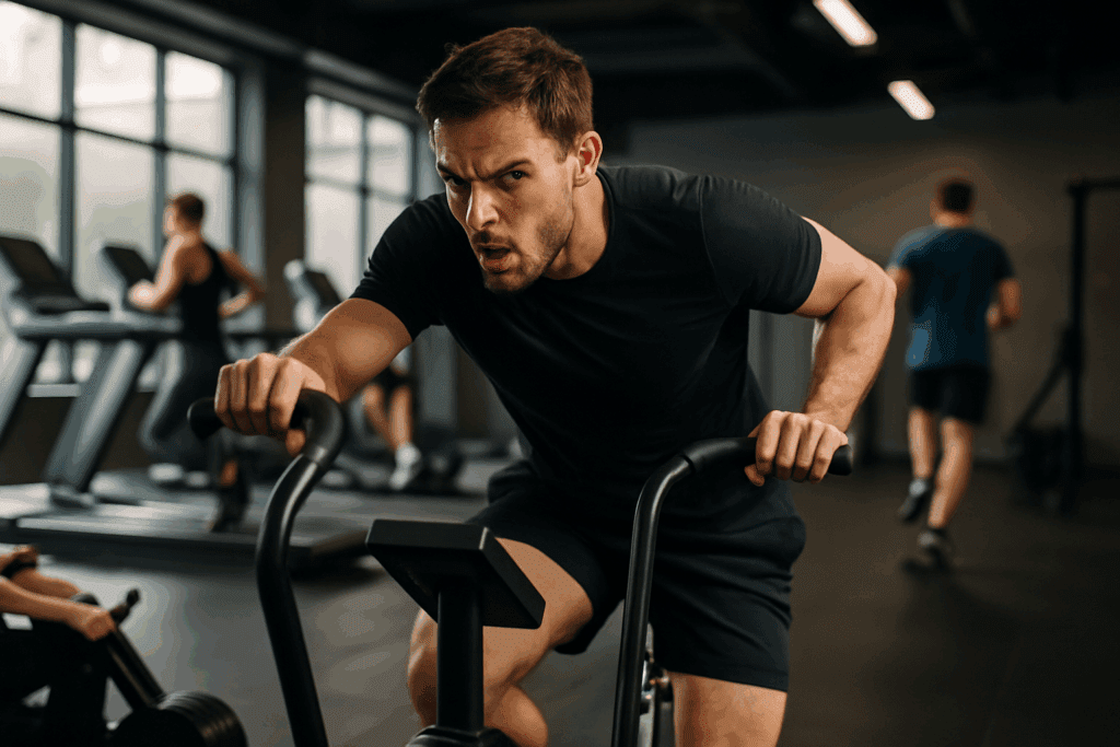 "Man performing high-intensity cycling sprints in the gym, focused and determined, as part of a gym workout to reduce weight, with other gym-goers using treadmills and rowing machines in the background