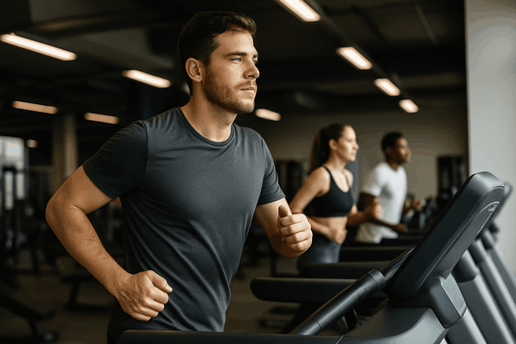 Man jogging on a treadmill in a gym, engaging in a gym workout to reduce weight. The steady, moderate pace and incline support fat loss in a well-lit, modern gym setting