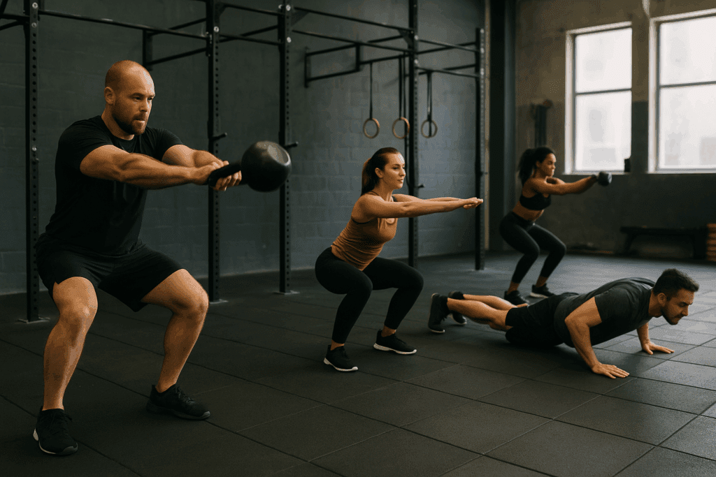 Group of individuals engaging in a gym workout to reduce weight, rotating through kettlebell swings, bodyweight squats, and push-ups in a high-energy circuit training session