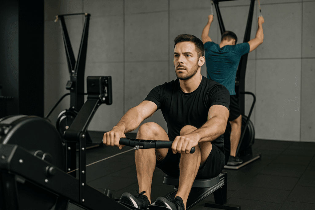 Man rowing on a rowing machine in a modern gym with a SkiErg machine in the background, both individuals engaging in full-body exercises, representing an effective gym workout to reduce weight