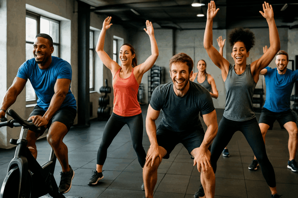 Group fitness class engaging in high-energy gym workout to reduce weight, with participants performing exercises like jumping jacks and cycling in a bright, modern gym space