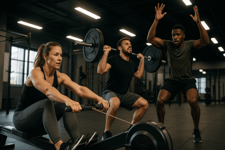 Dynamic gym workout to reduce weight, featuring a woman rowing, a man lifting weights, and another person performing high-intensity interval training (HIIT) in a modern gym setting with bright lighting and motivating atmosphere