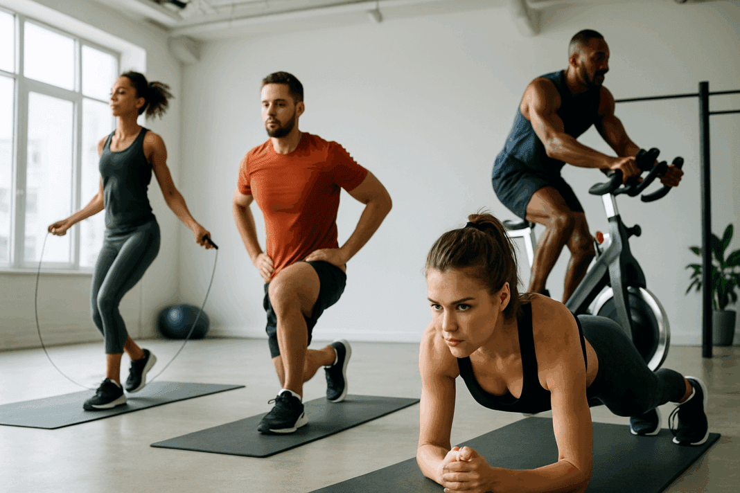 Group of adults doing indoor exercises to boost endurance and stamina, including jumping rope, cycling, lunges, and planks in a modern gym.