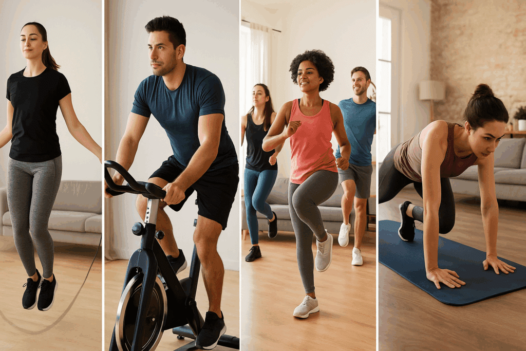 Woman jump roping, man on a stationary bike, group doing Zumba, and person doing mountain climbers—indoor exercises to boost endurance and stamina.