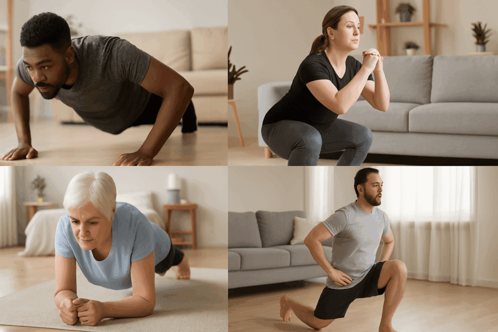 Diverse group of people doing indoor exercises like push-ups, squats, planks, and lunges to boost endurance and stamina at home.