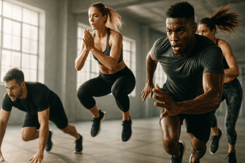 Group of athletes performing burpees, squat jumps, and sprints during a high-energy session of Indoor Exercises to Boost Endurance and Stamina