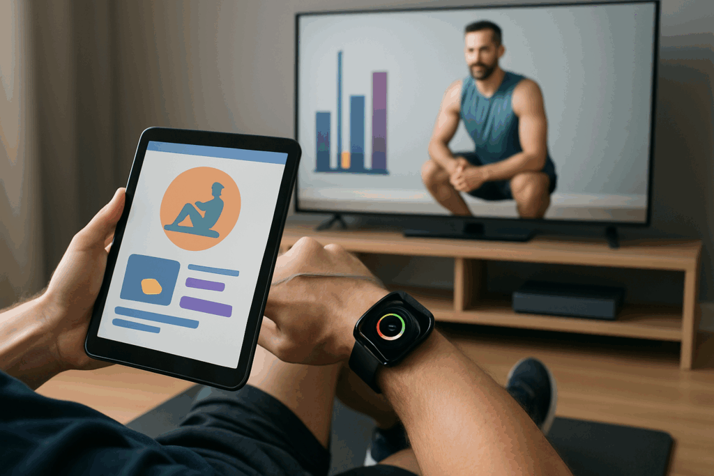 Person performing indoor exercises to boost endurance and stamina using a smartwatch and tablet with virtual fitness coaching on screen.