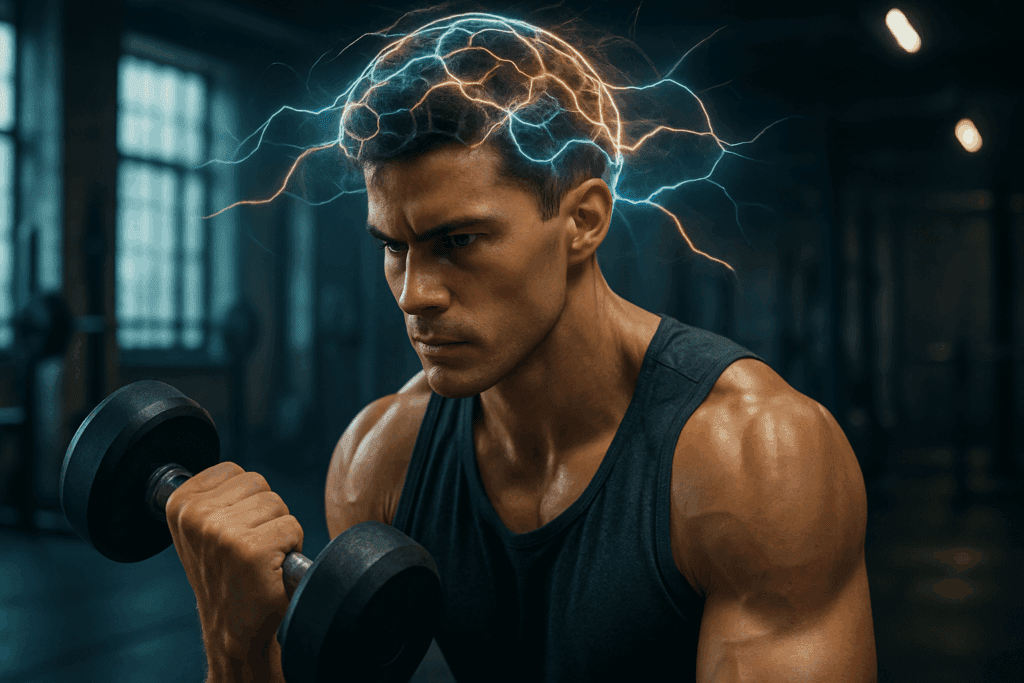 Top-Rated Pre Workout Supplement Pills: How Workout Pills May Support Strength, Stamina, and Performance Naturally 2 Focused athlete lifting weights in a gym, surrounded by glowing neural patterns, symbolizing the mental boost from pre workout supplement pills