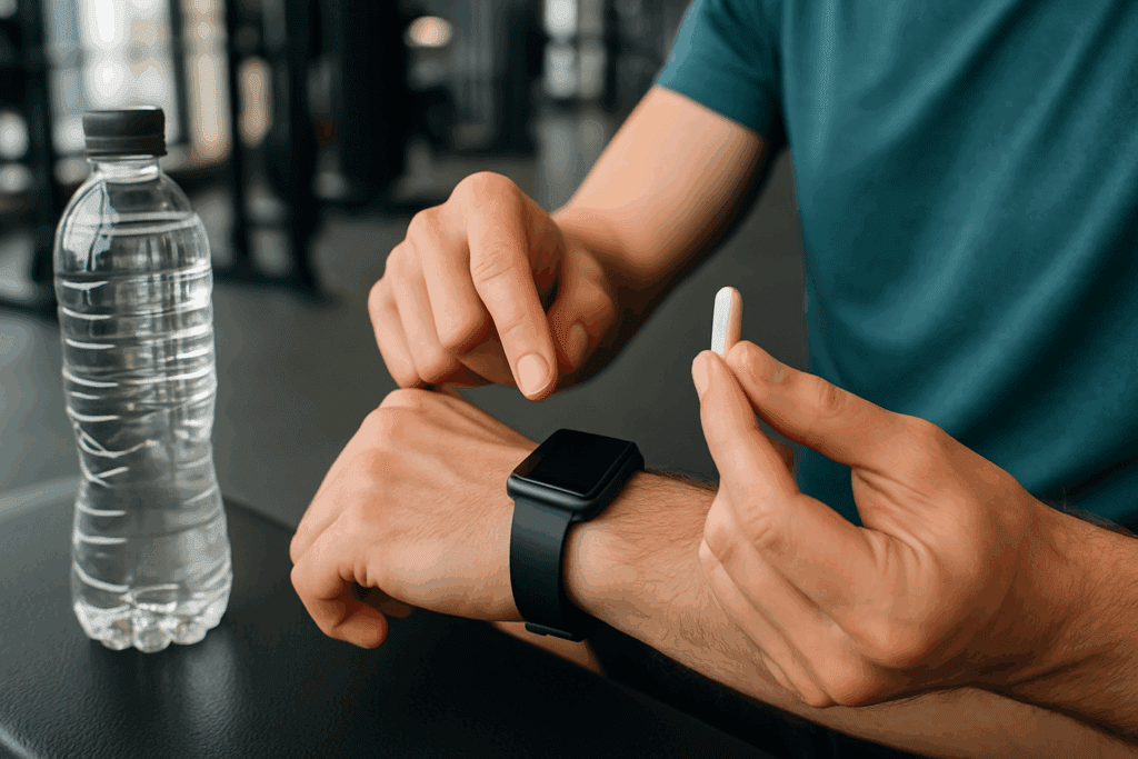 Top-Rated Pre Workout Supplement Pills: How Workout Pills May Support Strength, Stamina, and Performance Naturally 3 Person checking smartwatch while holding pre workout supplement pills in a gym with water bottle nearby