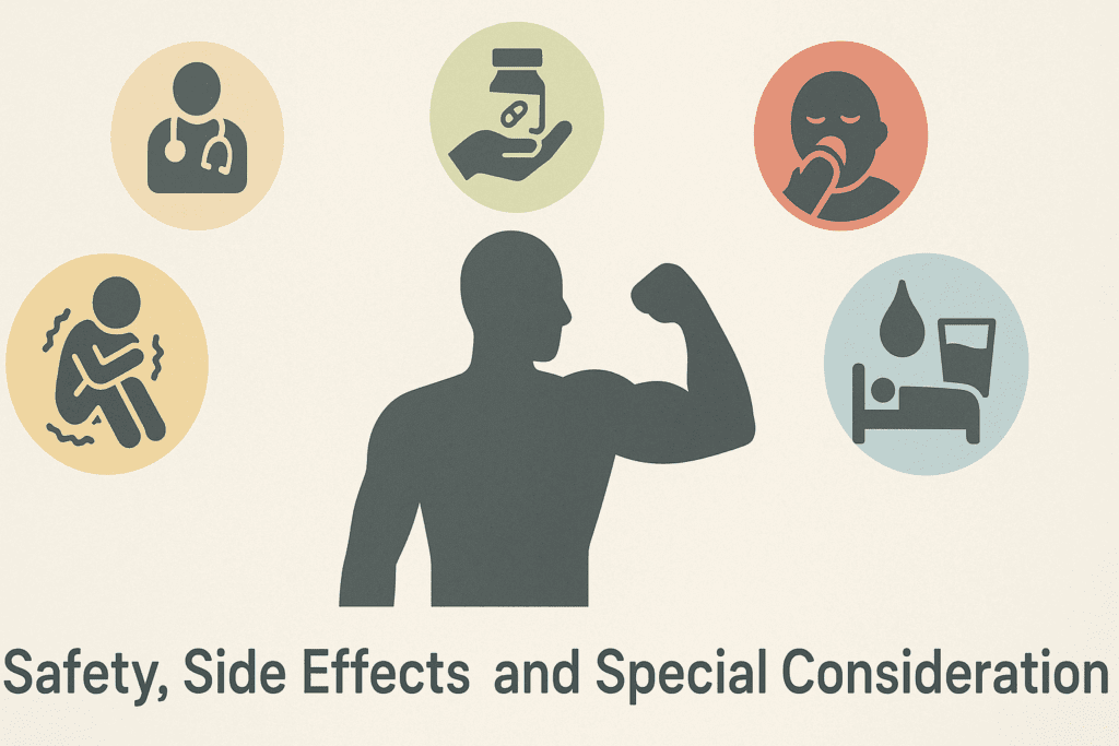 Top-Rated Pre Workout Supplement Pills: How Workout Pills May Support Strength, Stamina, and Performance Naturally 5 Infographic-style illustration showing side effects and precautions of pre workout supplement pills, with icons for jitteriness, nausea, insomnia, hydration, dosage, and medical advice around a fitness silhouette.