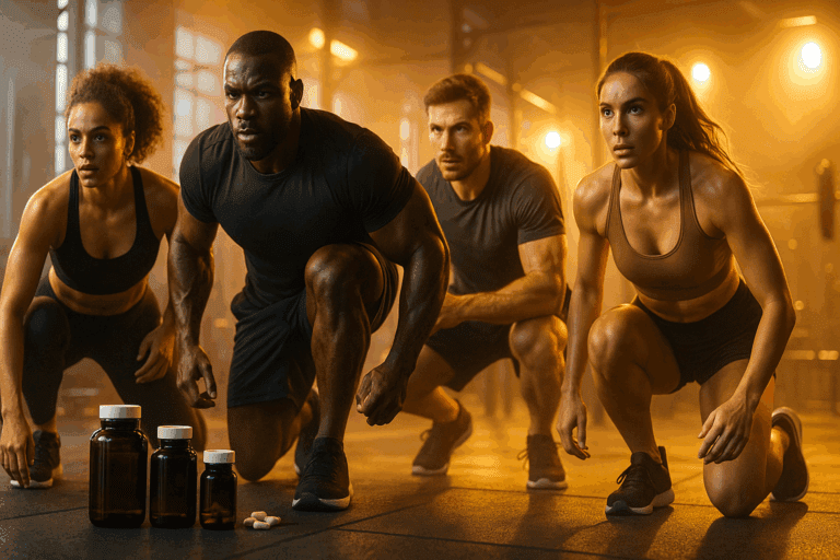 Diverse group of athletes preparing to train in a high-energy gym with pre workout supplement pills in the foreground.