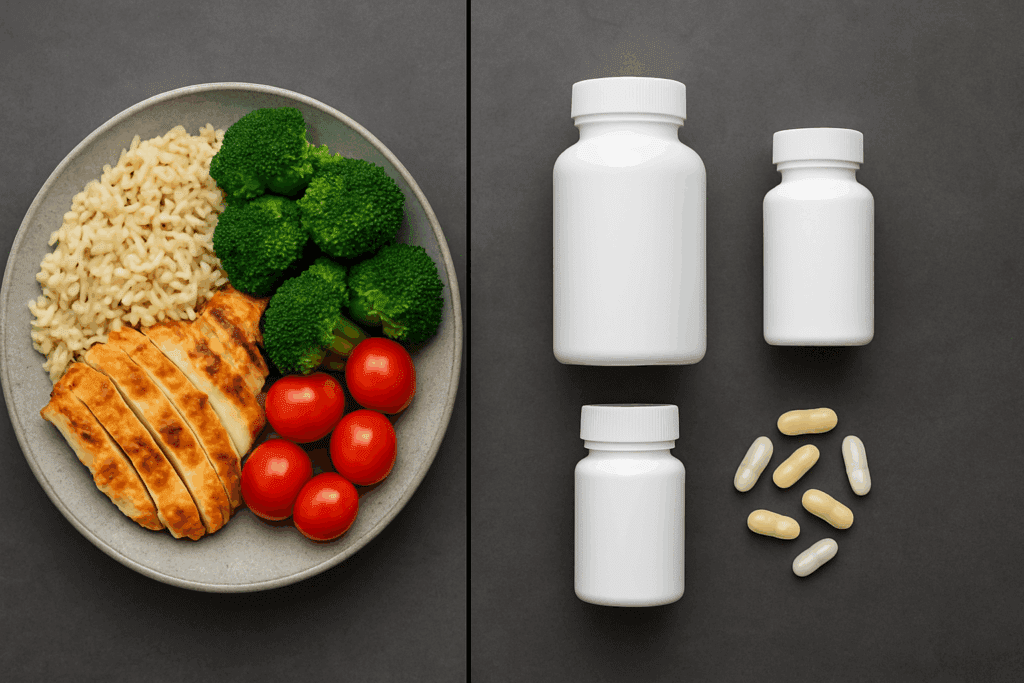 Split-screen showing a balanced meal and the best supplements for runners like electrolytes, amino acids, and vitamins.