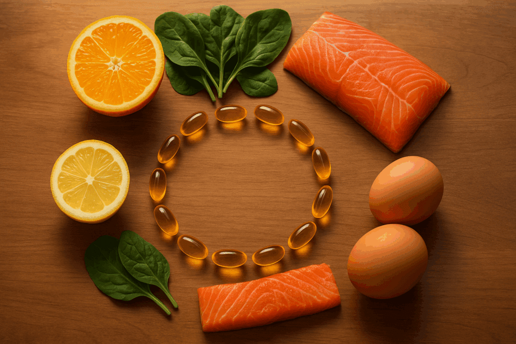 Top Running Supplements for Endurance and Recovery: What the Best Supplements for Runners Can Really Do for Stamina and Performance 2 Best supplements for runners shown as vitamin capsules arranged in a circle with natural food sources like salmon, eggs, spinach, and citrus fruits.