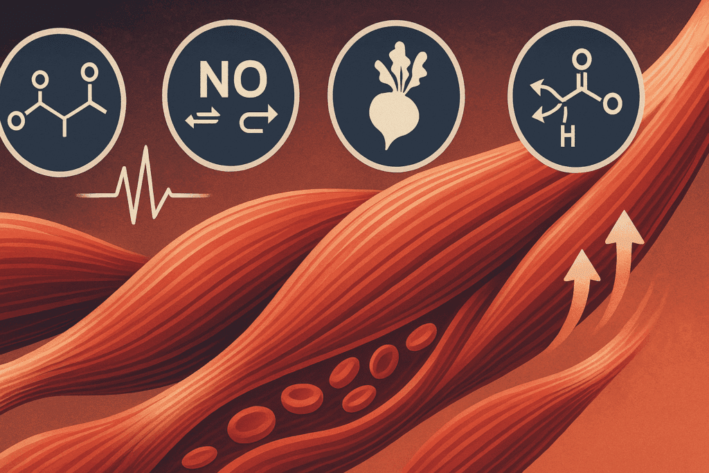 Top Running Supplements for Endurance and Recovery: What the Best Supplements for Runners Can Really Do for Stamina and Performance 3 Skeletal muscle fibers under physical strain with icons illustrating effects of the best supplements for runners, including beta-alanine, beetroot extract, L-citrulline, and creatine.
