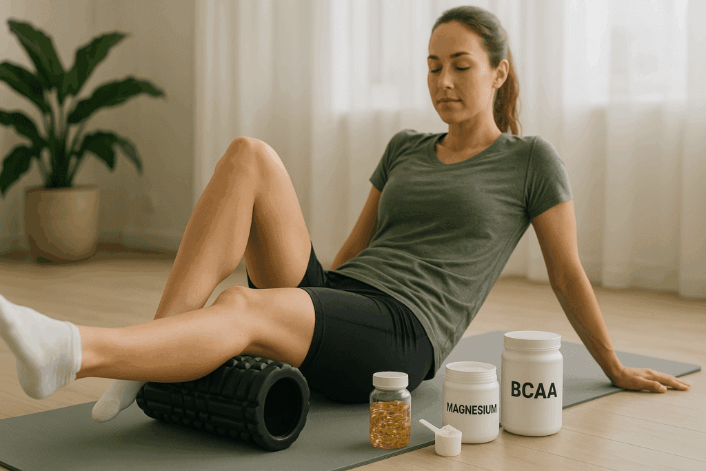 Top Running Supplements for Endurance and Recovery: What the Best Supplements for Runners Can Really Do for Stamina and Performance 4 Runner using a foam roller indoors after a workout, with the best supplements for runners like omega-3 capsules, magnesium powder, and BCAAs on a yoga mat.