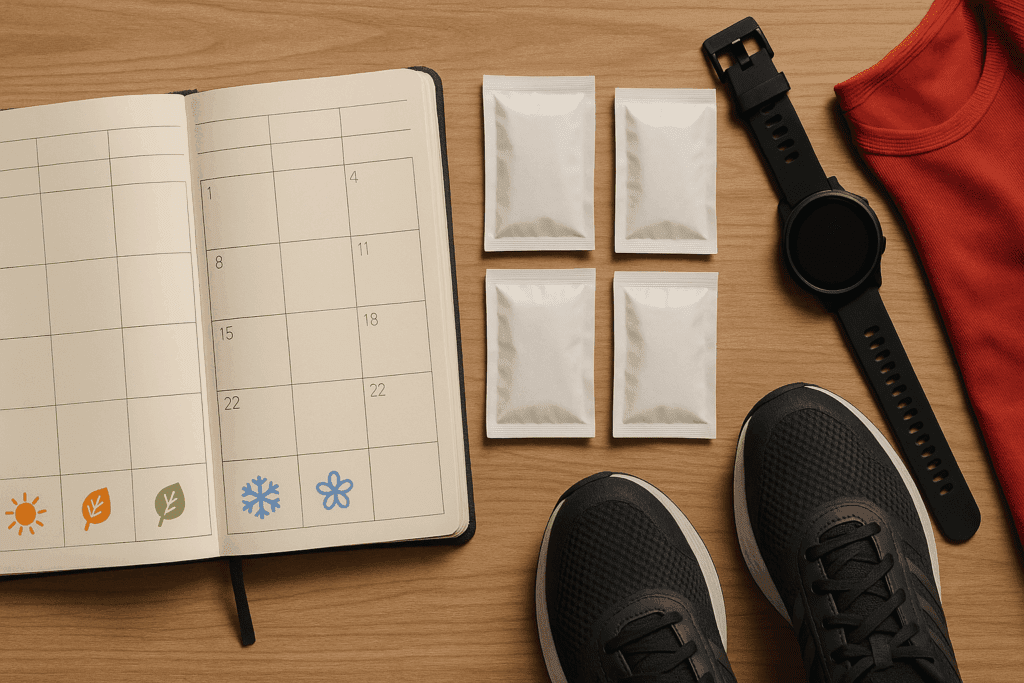 Top Running Supplements for Endurance and Recovery: What the Best Supplements for Runners Can Really Do for Stamina and Performance 5 Open runner’s planner with seasonal icons, supplement packs, and gear neatly arranged—illustrating best supplements for runners in seasonal training