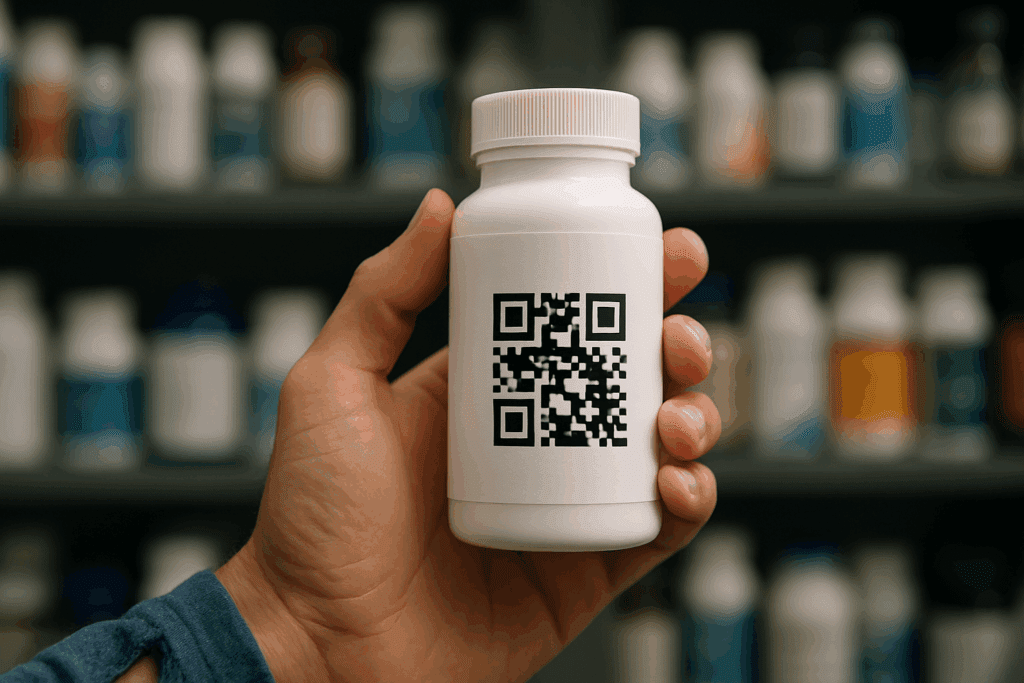 Top Running Supplements for Endurance and Recovery: What the Best Supplements for Runners Can Really Do for Stamina and Performance 6 Runner’s hand holding a plain white supplement bottle with a QR code label, symbolizing scrutiny and trust in choosing the best supplements for runners