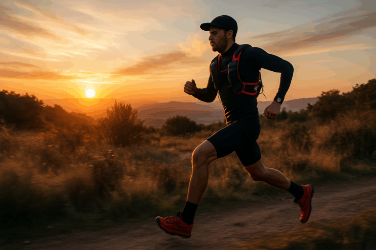 Trail runner in compression gear sprinting at sunrise on a dirt path, symbolizing endurance, recovery, and the best supplements for runners