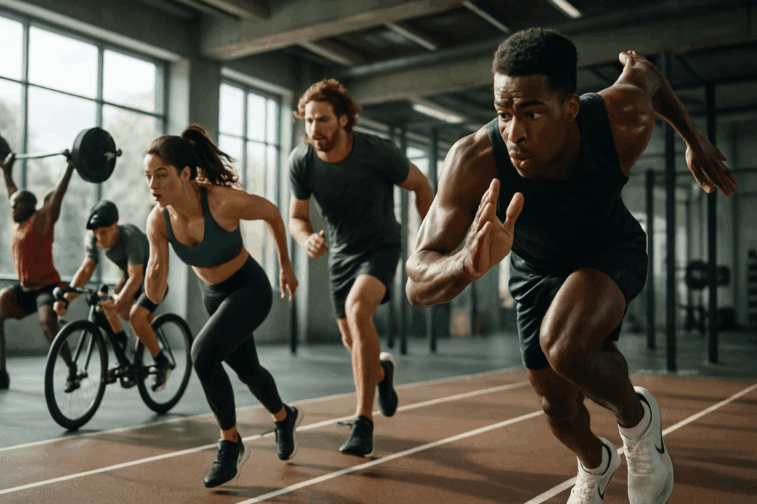 Diverse athletes sprinting, cycling, and lifting weights in a modern gym, showcasing peak training performance and top supplements for athletes.