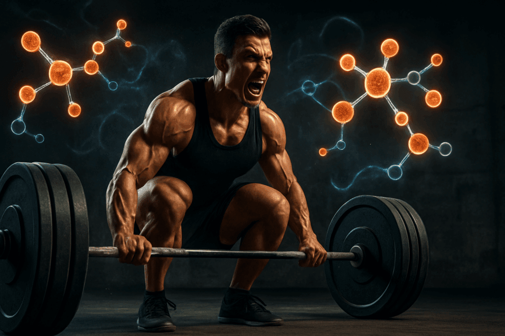 Muscular athlete performing a heavy deadlift in a gritty gym, symbolizing explosive energy and strength from top supplements for athletes