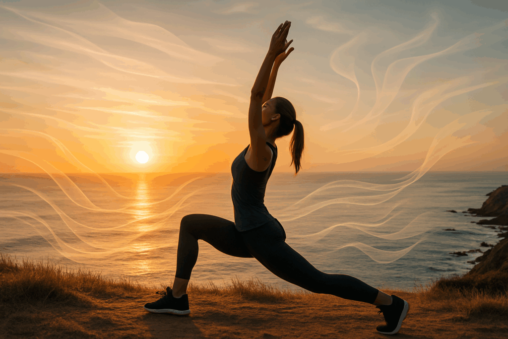 Athlete stretching at sunrise on a coastal cliff, symbolizing recovery and wellness from top supplements for athletes