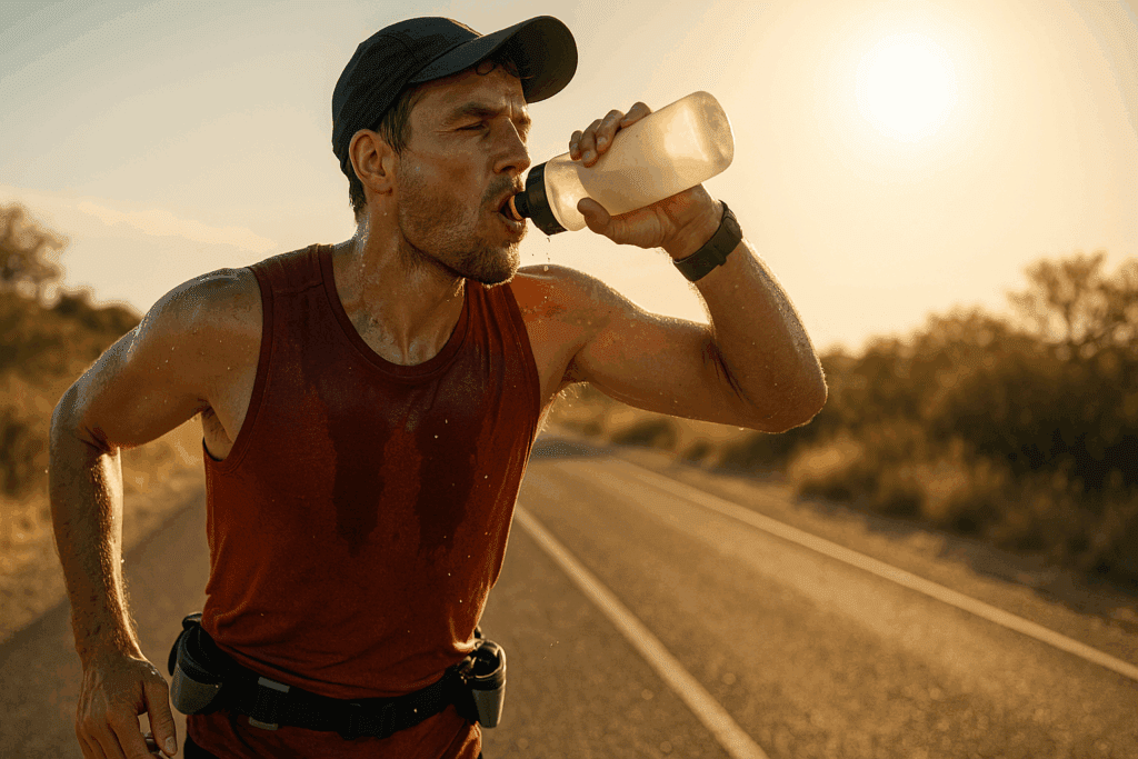 Endurance athlete mid-race drinking water on a hot day, highlighting hydration needs and top supplements for athletes.