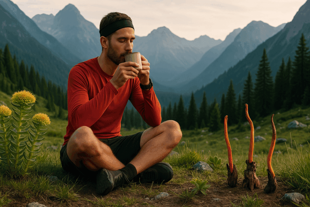 Athlete recovering in a mountain meadow with Rhodiola and cordyceps, highlighting top supplements for athletes in natural settings.