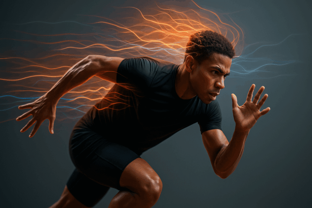Sprinter launching from start position with light trails symbolizing heightened focus and performance, representing effects of top supplements for athletes