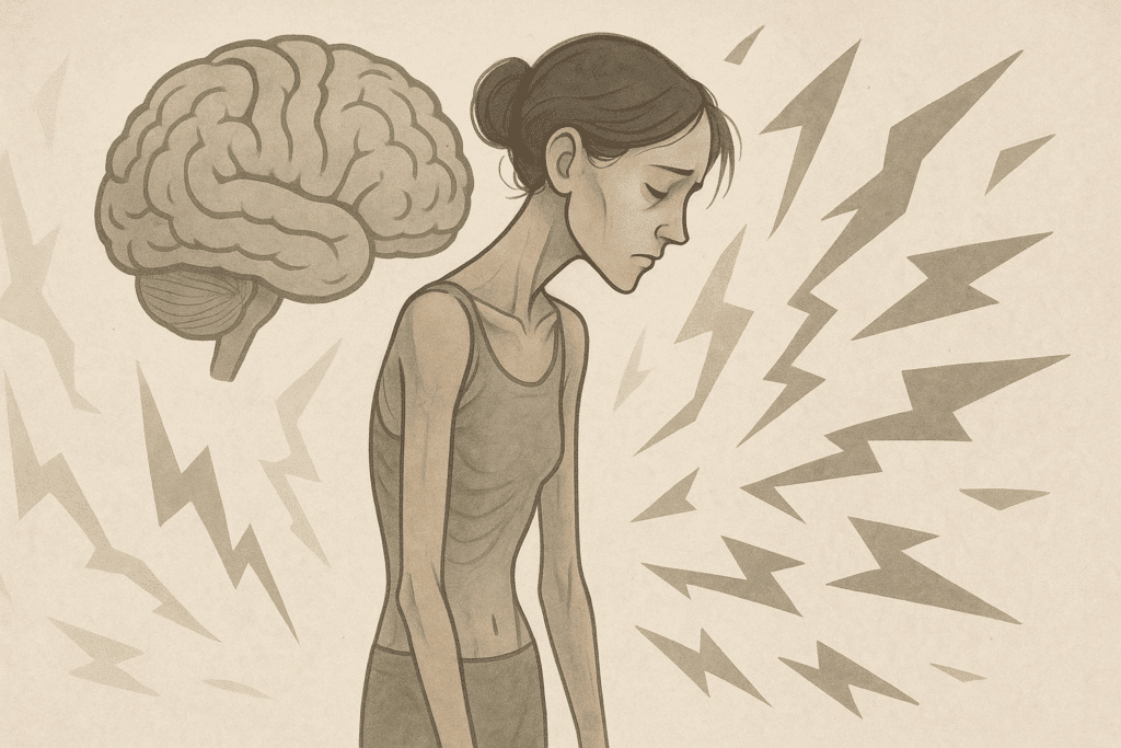 Illustration depicting the mental, physical, and emotional struggles of anorexia nervosa, highlighting the impact of anorexia medication on the individual’s brain and body, with a frail figure and jagged lines representing emotional distress