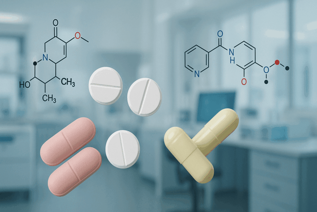 A clinical visualization of Anorexia Medication including SSRIs, atypical antipsychotics, and mood stabilizers in pill form with molecular structures displayed in a research lab setting