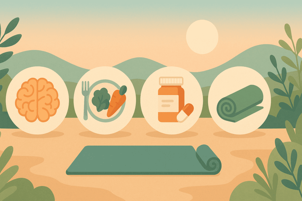 A digital illustration depicting a balanced, holistic treatment plan for anorexia, with icons representing therapy (brain), nutrition (plate with vegetables), anorexia medication (pill bottle), and mindfulness (yoga mat), set against a calming landscape. This image visualizes the synergy of a comprehensive approach to treating anorexia