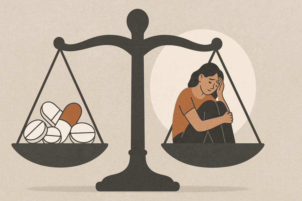 Balancing the ethical considerations of anorexia medication: A conceptual scale with medication pills on one side and a person symbolizing emotional well-being on the other, highlighting the complexities of treatment in anorexia medication