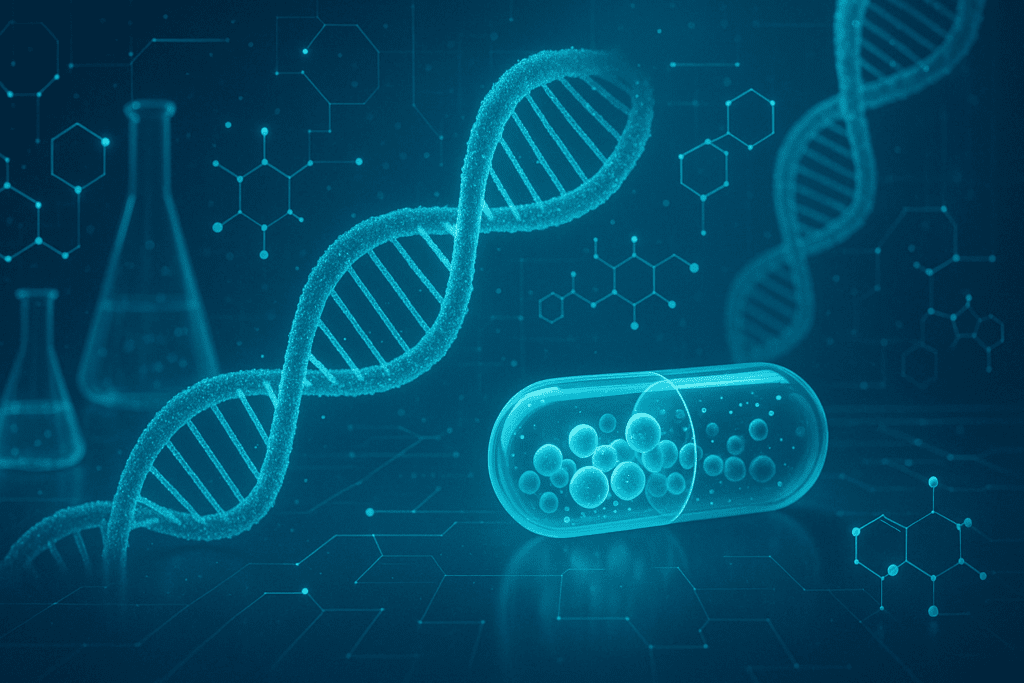 Futuristic scientific research in anorexia medication, featuring glowing DNA strands, molecular structures, and an advanced drug delivery capsule in a high-tech laboratory setting