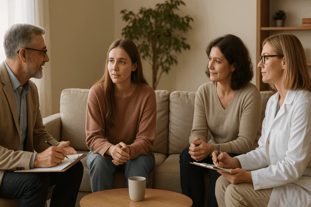 Therapist, psychiatrist, and nutritionist collaborating with a young woman in a warm, therapeutic setting, focusing on holistic recovery for Anorexia Medication