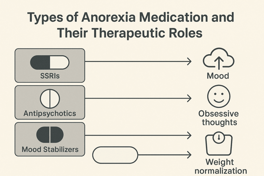 Infographic showing types of anorexia medication (SSRIs, antipsychotics, mood stabilizers) and their therapeutic roles, illustrating their effects on mood, obsessive thoughts, and weight normalization