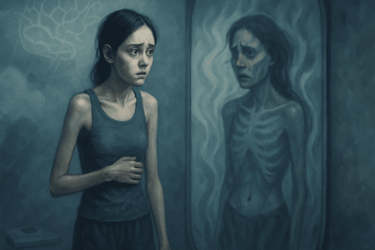 Young woman with light skin standing in front of a distorted mirror, displaying an emaciated reflection. The image symbolizes the mental and physical complexities of anorexia nervosa, with abstract brain overlays and a visible weight scale in the background, conveying the emotional depth of the disorder. The image visually reflects the struggle of Anorexia Nervosa DSM-5 Criteria, focusing on distorted body image and anxiety