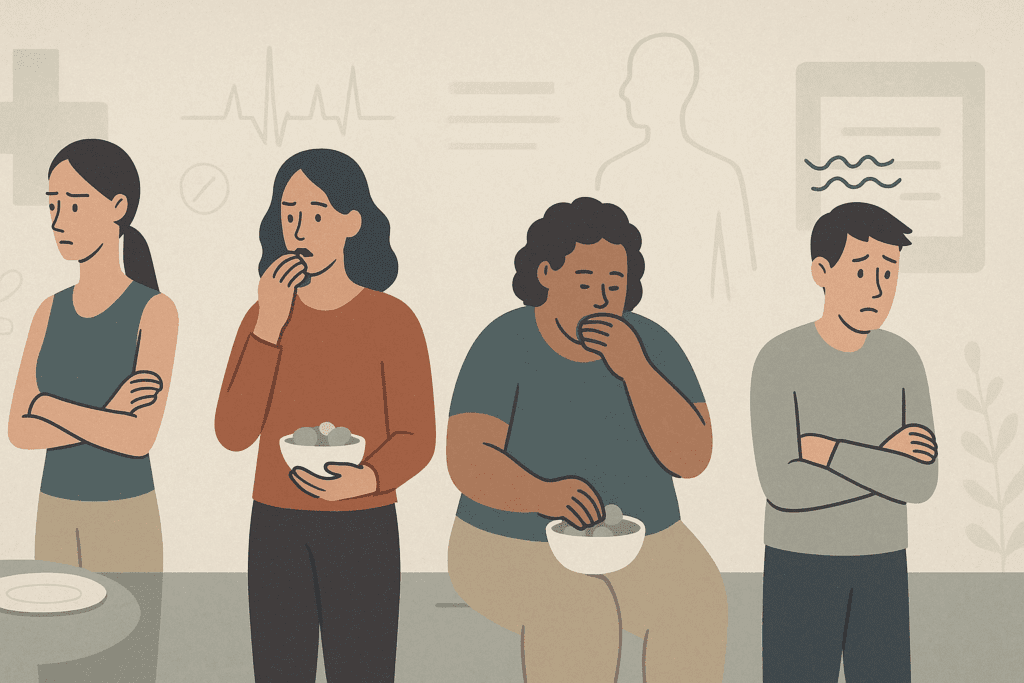 Understanding Anorexia Nervosa DSM-5 Criteria: How Early Signs of Starving Can Inform Healthier Eating Habits and Mental Wellness 1 Four figures representing different eating disorders, including anorexia nervosa, bulimia nervosa, binge-eating disorder, and ARFID, in an abstract clinical setting. The image visually portrays behavioral and emotional cues linked to these conditions, such as food avoidance, anxiety, and emotional detachment, reflecting the Anorexia Nervosa DSM-5 Criteria in a subtle, clinical context