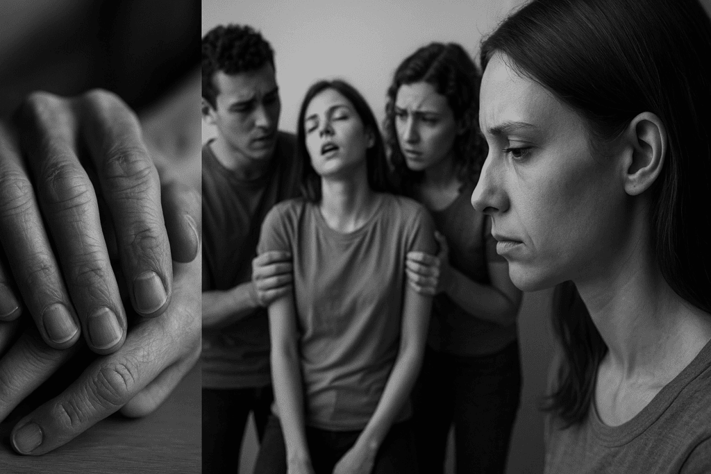 Understanding Anorexia Nervosa DSM-5 Criteria: How Early Signs of Starving Can Inform Healthier Eating Habits and Mental Wellness 3 Three sections illustrating subtle signs of anorexia nervosa. Left shows a close-up of fragile, brittle nails and dry skin, symbolizing physical deterioration. Center features a fainting figure supported by concerned friends, indicating emotional and physical distress. Right depicts a side profile of a woman with a somber expression, reflecting social withdrawal. These visual cues highlight the complex nature of anorexia nervosa, in line with DSM-5 criteria