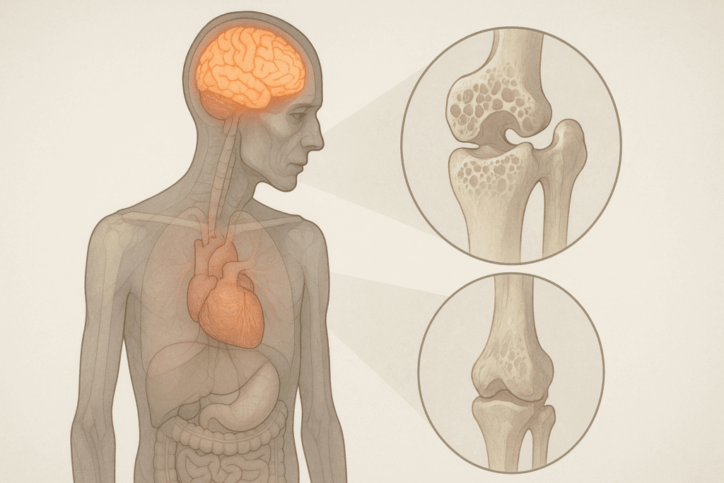Understanding Anorexia Nervosa DSM-5 Criteria: How Early Signs of Starving Can Inform Healthier Eating Habits and Mental Wellness 4 Illustration depicting the internal effects of starvation on the brain, heart, and bones. It shows a semi-transparent human figure with glowing brain areas and details of strained heart and brittle bones. The image highlights the impact of starvation on the body with a clinical, subtle tone. It is relevant to understanding Anorexia Nervosa DSM-5 Criteria and its physical effects