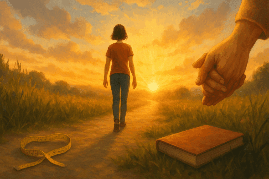 Understanding Anorexia Nervosa DSM-5 Criteria: How Early Signs of Starving Can Inform Healthier Eating Habits and Mental Wellness 6 A young adult walking toward a sunrise on a hopeful path, with symbolic recovery elements like a dropped measuring tape, closed food journal, and a hand held by a supportive figure, embodying empowerment and emotional growth in the context of recovery from Anorexia Nervosa DSM-5 Criteria
