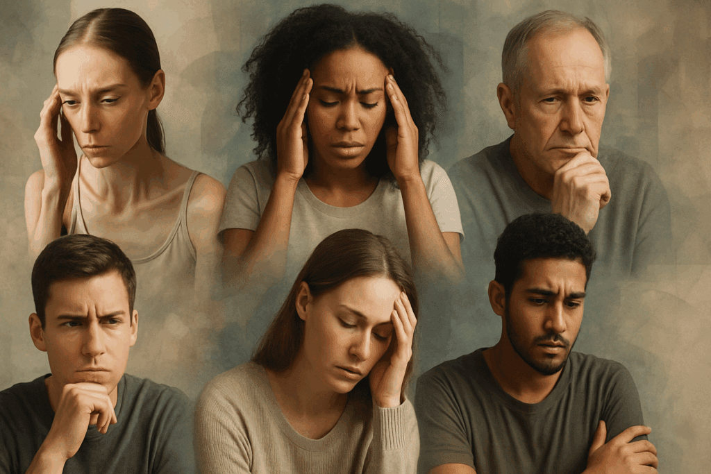 A diverse group of individuals expressing emotional distress, showcasing the reality that anorexia is a mental health disorder affecting people of all ages, genders, and races, breaking the stereotype of it only impacting young, thin women