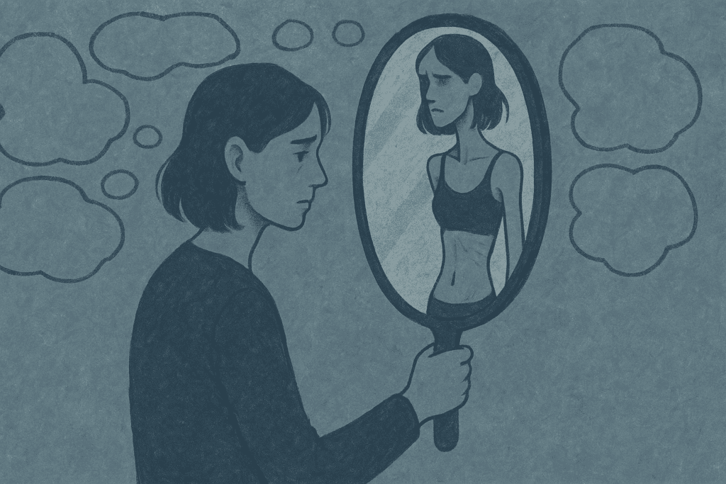 Person with dark hair holding a mirror that reflects a distorted, overly thin version of themselves, surrounded by fragmented thought bubbles, symbolizing stress and obsessive thinking. This image illustrates how anorexia is a mental health disorder, showcasing the psychological effects and self-image struggles experienced by individuals with anorexia
