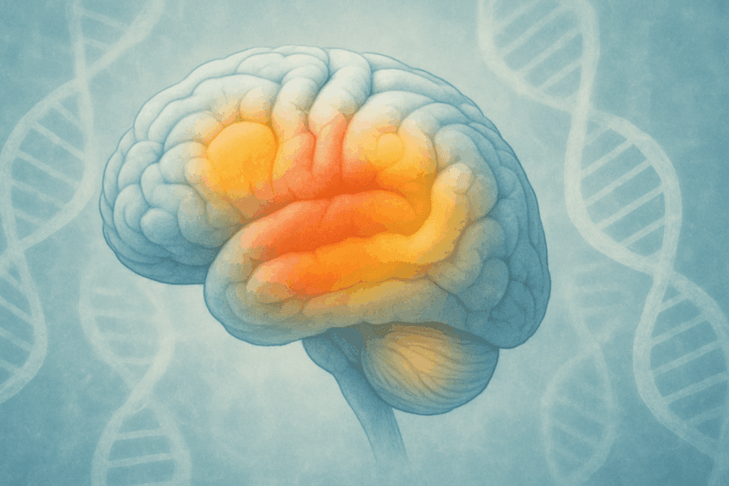 "Illustration of the human brain with highlighted regions related to emotion regulation, impulse control, and reward processing, overlaid with subtle DNA strands. This visual representation connects to the neurobiological and genetic contributions to anorexia, a mental health disorder