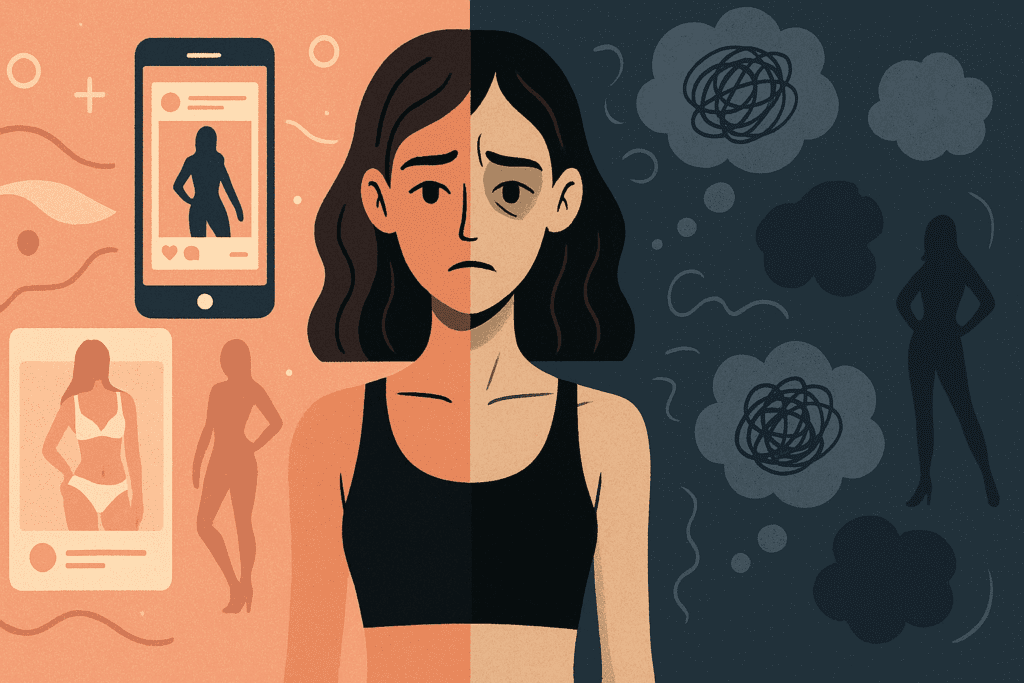 Split digital illustration showing the impact of societal pressures on body image: one half depicts a person exposed to social media and beauty standards, while the other half portrays internal anxiety and self-doubt. This visual contrast highlights how cultural and societal influences can affect mental health, illustrating that Anorexia is a mental health disorder.