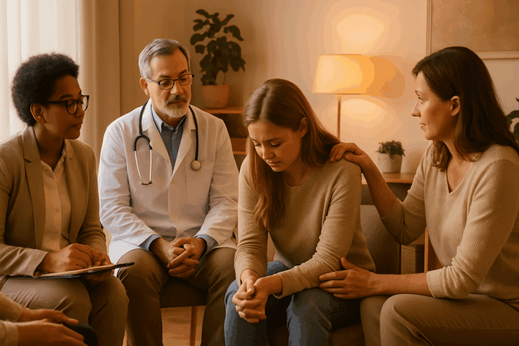 Support group session for mental health recovery, where a therapist, doctor, nutritionist, and family member offer compassionate care to a woman. This scene highlights the multidisciplinary approach to healing, showing collaboration and empathy in a warm, inviting environment. Anorexia is a mental health disorder
