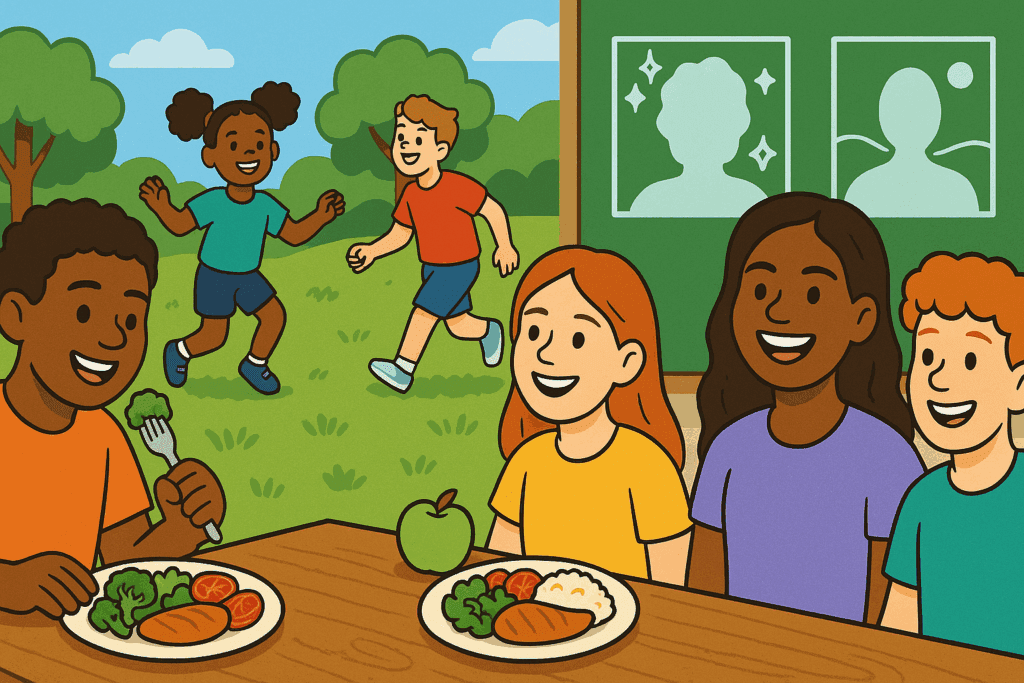 A diverse group of children and teens engaging in healthy behaviors: sharing a balanced meal, playing outdoors, and participating in a media literacy class. This scene highlights body diversity, joy, and community in a natural setting, promoting a positive relationship with food and body. Anorexia is a mental health disorder, and the image emphasizes the importance of healthy habits and well-being