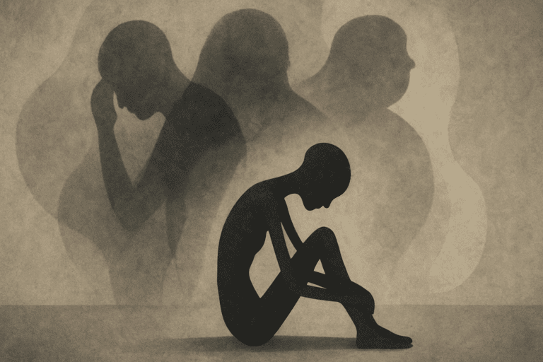 Anorexia is a mental health disorder represented symbolically by a frail silhouette sitting in isolation, surrounded by overlapping shadows that symbolize anxiety, depression, and distorted body image, set in an emotionally heavy and introspective environment