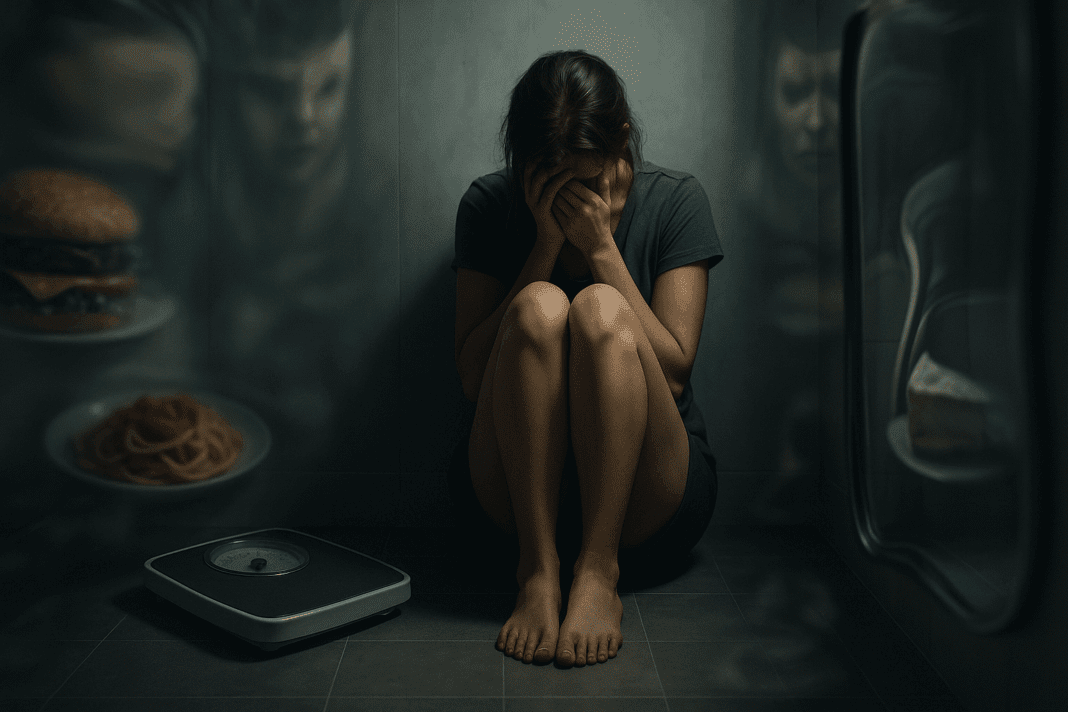 A young adult sitting alone on a bathroom floor, overwhelmed by anxiety and shame, holding their knees as reflections of food, a weighing scale, and distorted mirrors surround them. The scene captures the emotional and isolating experience of Bulimia Nervosa