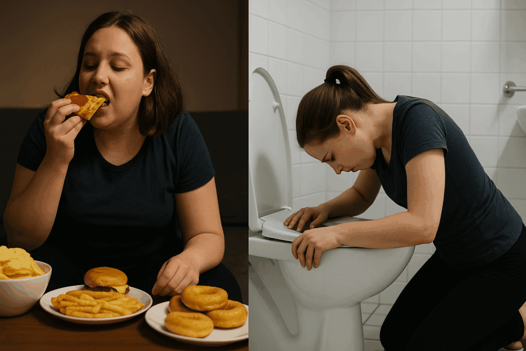 Understanding Bulimia Nervosa: What Cycles of Binge Eating and Purging Reveal About This Common Eating Disorder 1 Split-screen depiction of Bulimia Nervosa: On the left, a person binge eating junk food in a dimly lit room, and on the right, the same person in a sterile bathroom, engaging in compulsive exercise or vomiting, highlighting the emotional contrast between indulgence and guilt