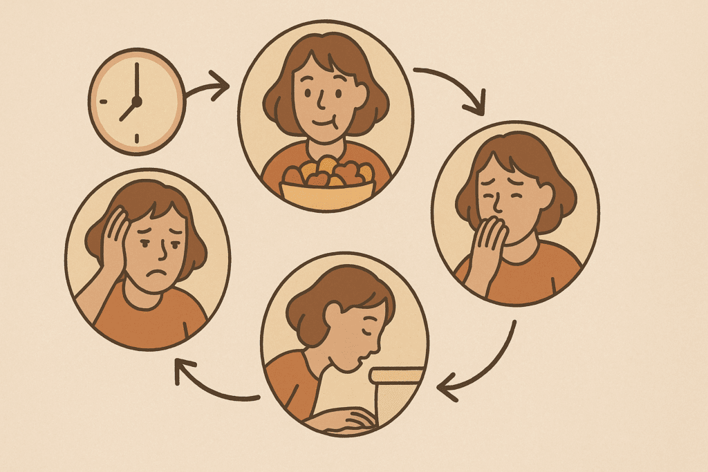 Understanding Bulimia Nervosa: What Cycles of Binge Eating and Purging Reveal About This Common Eating Disorder 3 Cycle diagram illustrating the emotional loop of Bulimia Nervosa, showing stages of stress, bingeing, guilt, purging, and temporary relief with symbolic visuals like clocks, spirals, and repeated expressions